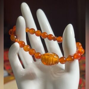 Handmade Carnelian Orange Beaded Stretch Bracelet with Orange Lamp work Focal